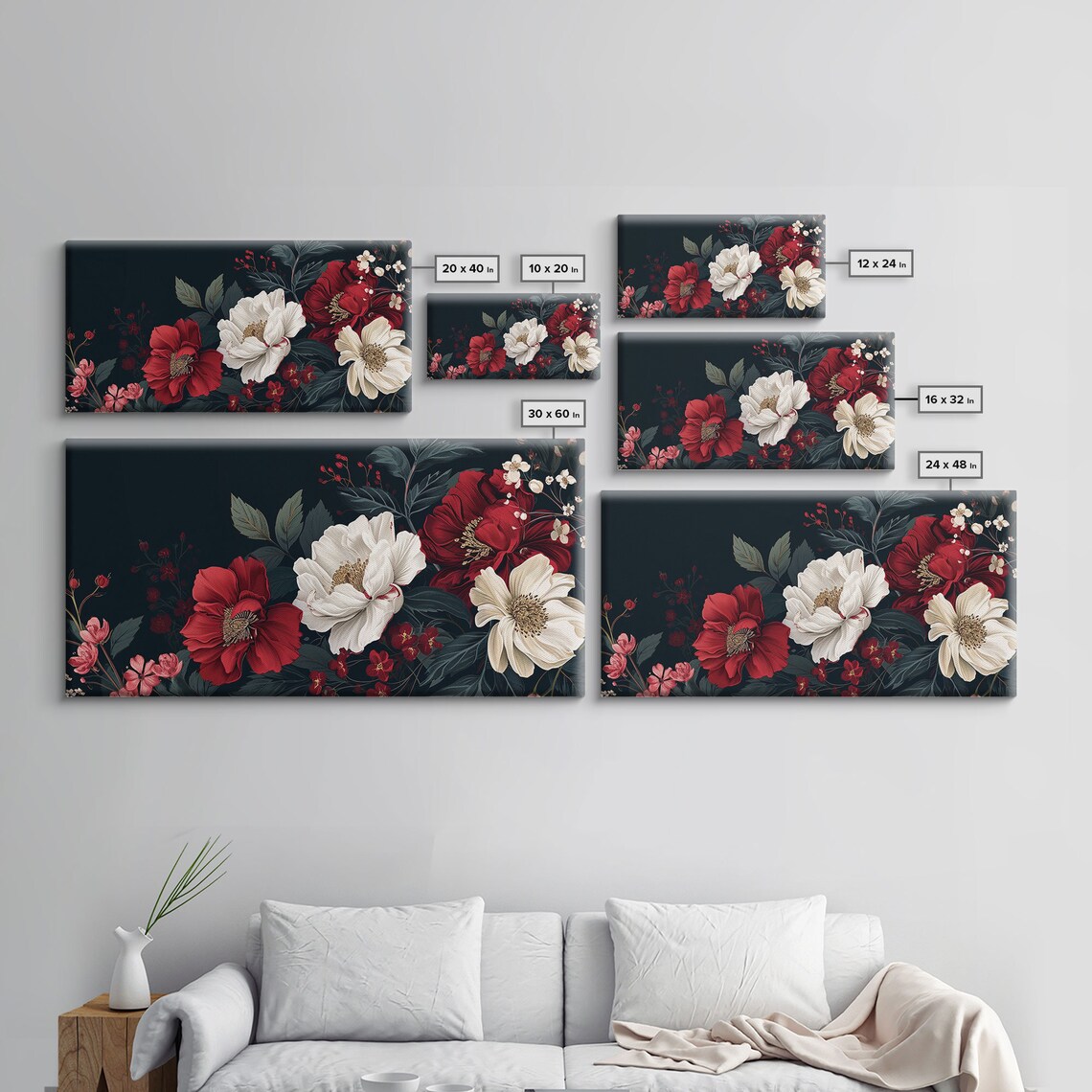 Red White Peony Floral Botanical Painting Black Background Poster - Image 2
