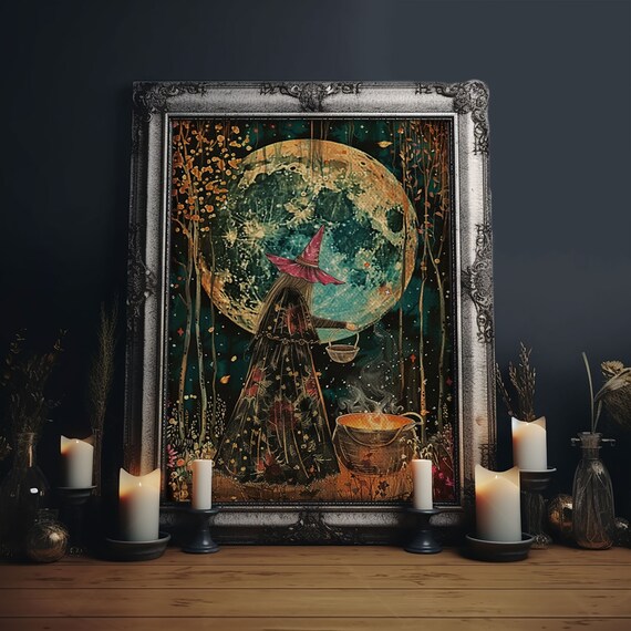 Witch Brewing Spells Under Full Moon Enchanted Halloween Art Print