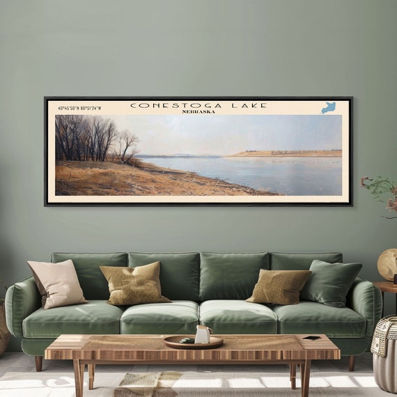 Conestoga Lake Nebraska Framed Print Panoramic Lake House Decor Wide Wall Art Travel Poster Modern Lake Painting Nature Art