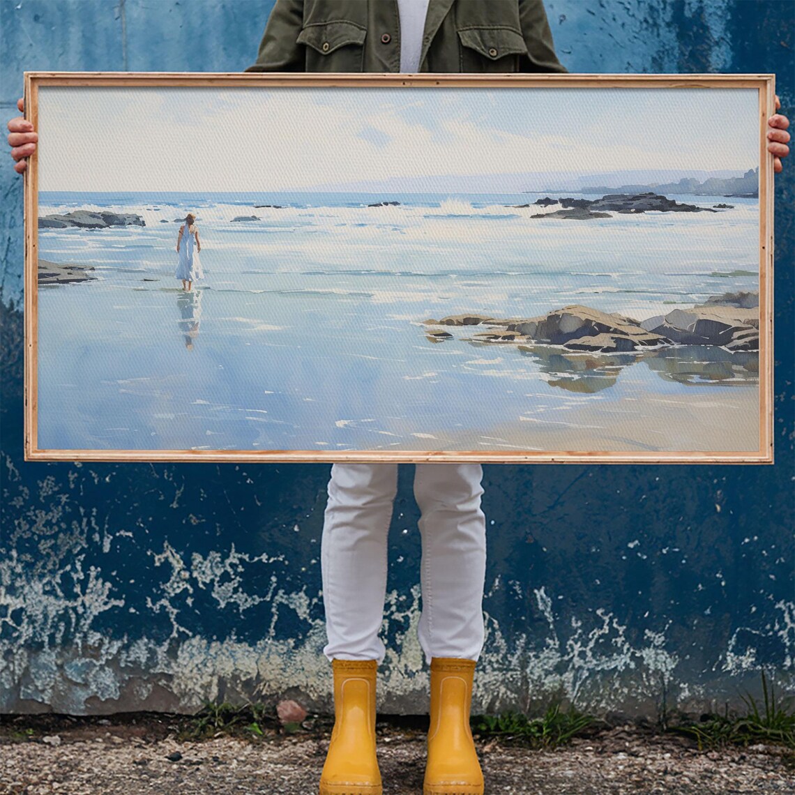 Woman Wading Shallow Ocean Beach Water Rocks Coastal Watercolor Poster - Image 6