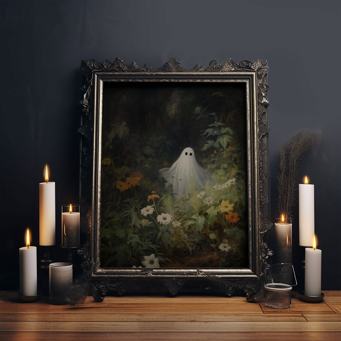 Little Ghost Among Wildflowers In Dark Enchanted Forest Wall Art - Image 4
