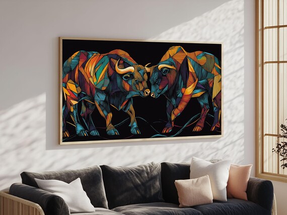 Two Colorful Geometric Bulls Black Background Modern Animal Art Poster