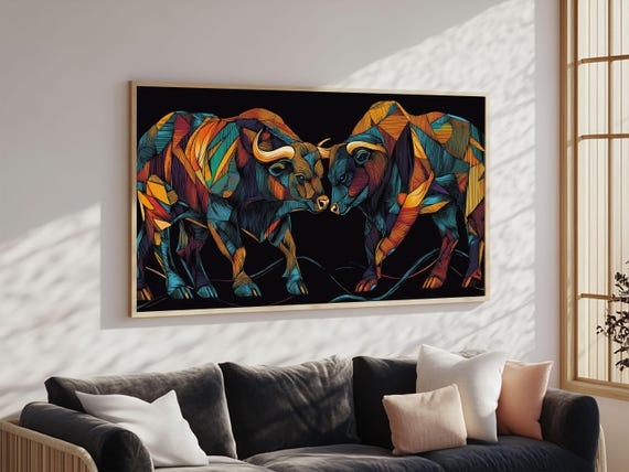 Vibrant Mosaic Bulls Print Colorful Geometric Wall Art Rustic Decor Living Room Art Tall Narrow Art Bull And Bear Art