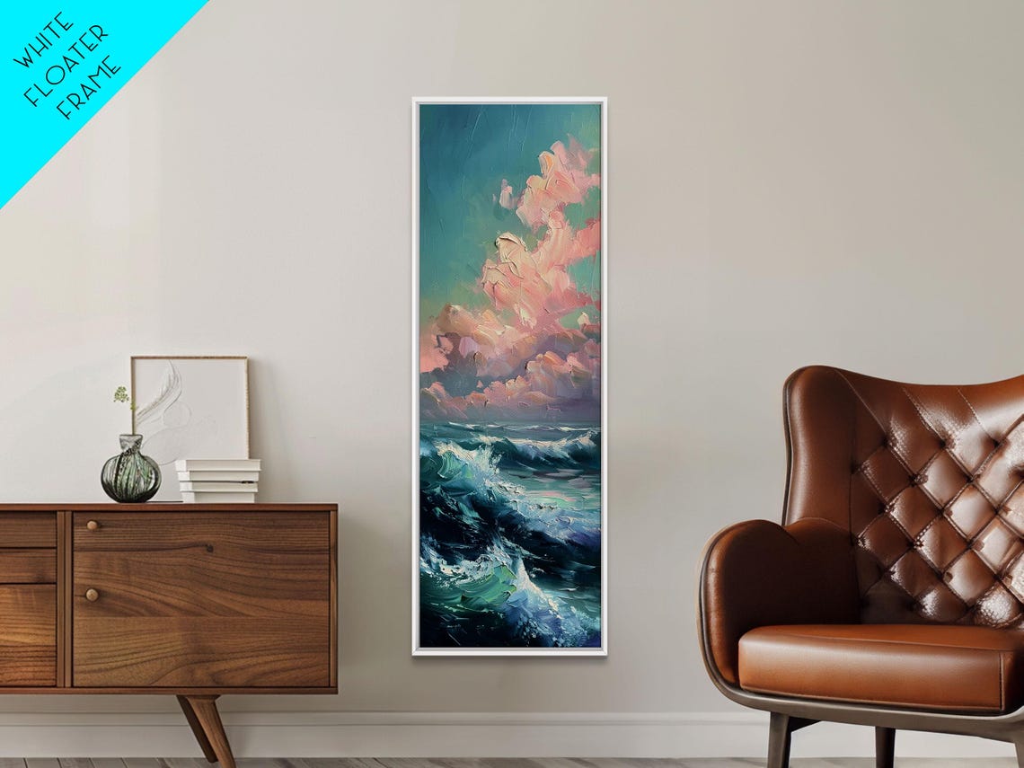 Textured Ocean Waves Pink Clouds Coastal Seascape Painting Poster - Image 3