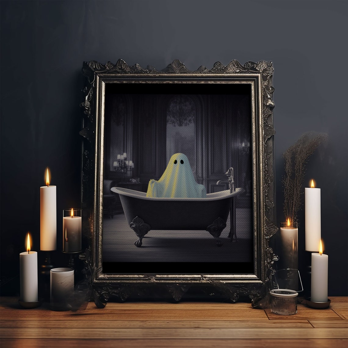 Cute Sheet Ghost In Vintage Clawfoot Bathtub Dark Room Wall Art - Image 4