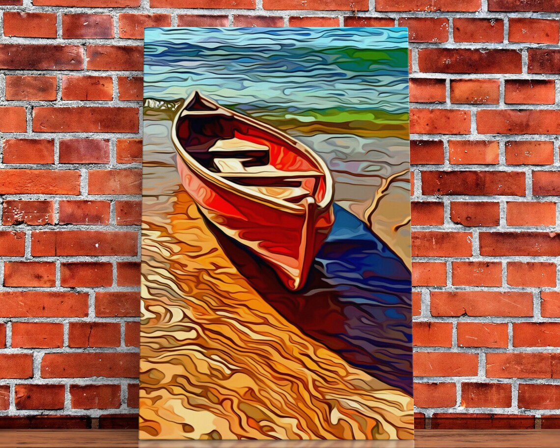 Abandoned Canoe On The Lake, Boho Oil Painting Art Print - Image 3