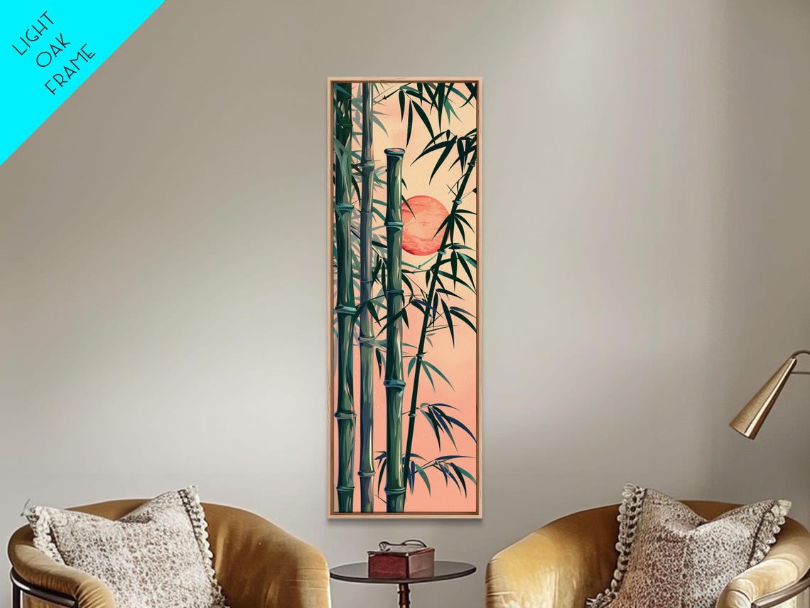 Bamboo Stalks Red Sun Silhouette Sunset Tall Japanese Wall Art - Image 6