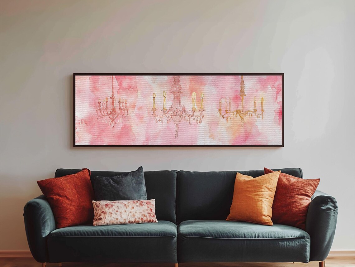 Pink Watercolor Chandeliers Trio Romantic Horizontal Wall Art Poster - Image 5