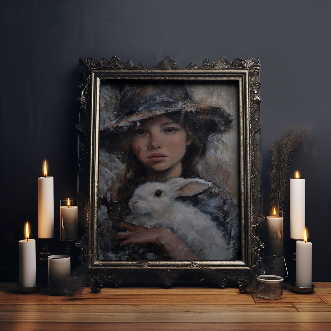 Young Witch Holding White Rabbit Painterly Dark Fantasy Art Poster - Image 6