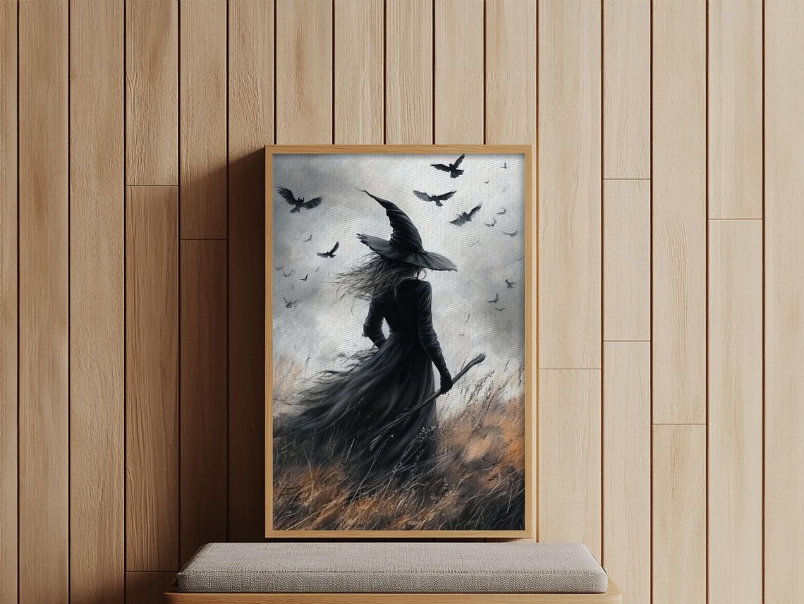Gothic Witch With Crows Dark Field Spooky Halloween Wall Art Print Poster - Image 2