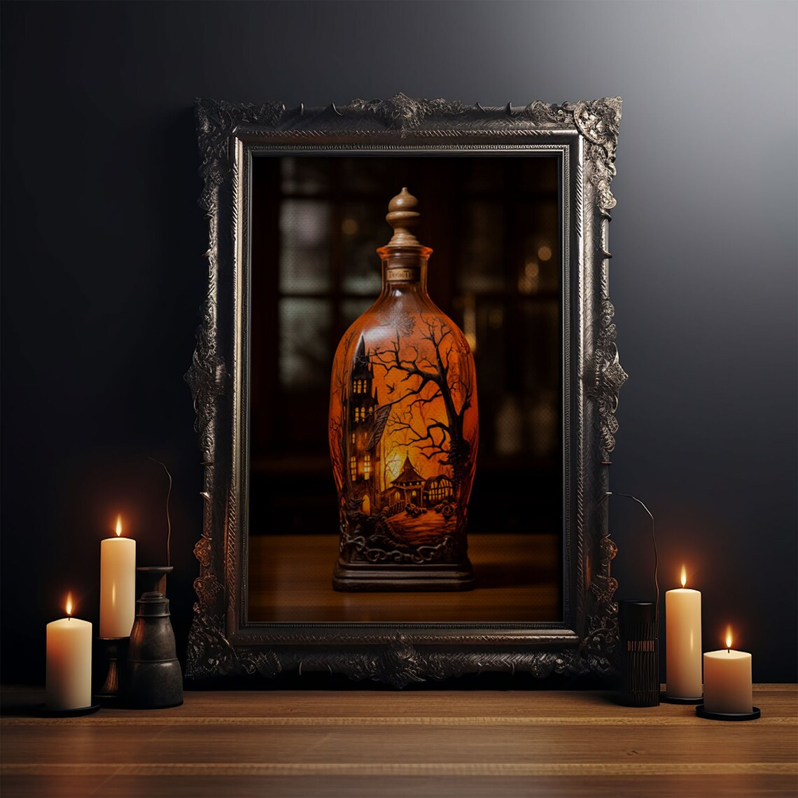Spooky Haunted House In A Jar Glowing Glass Bottle Halloween Print - Image 3