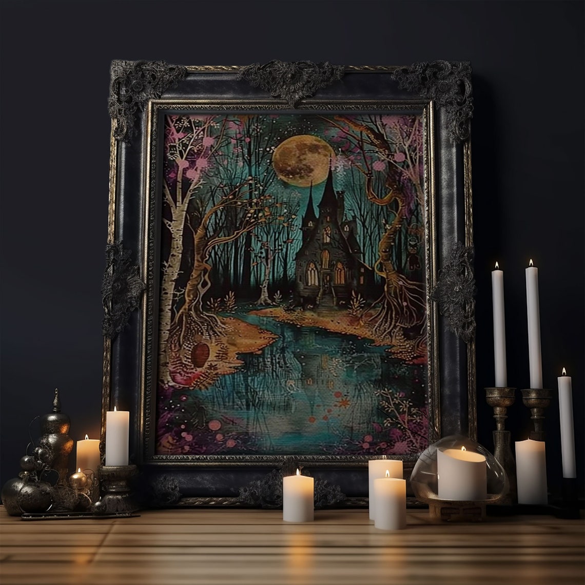 Haunted Castle By The Lake Full Moon Gothic Forest Art Poster - Image 6