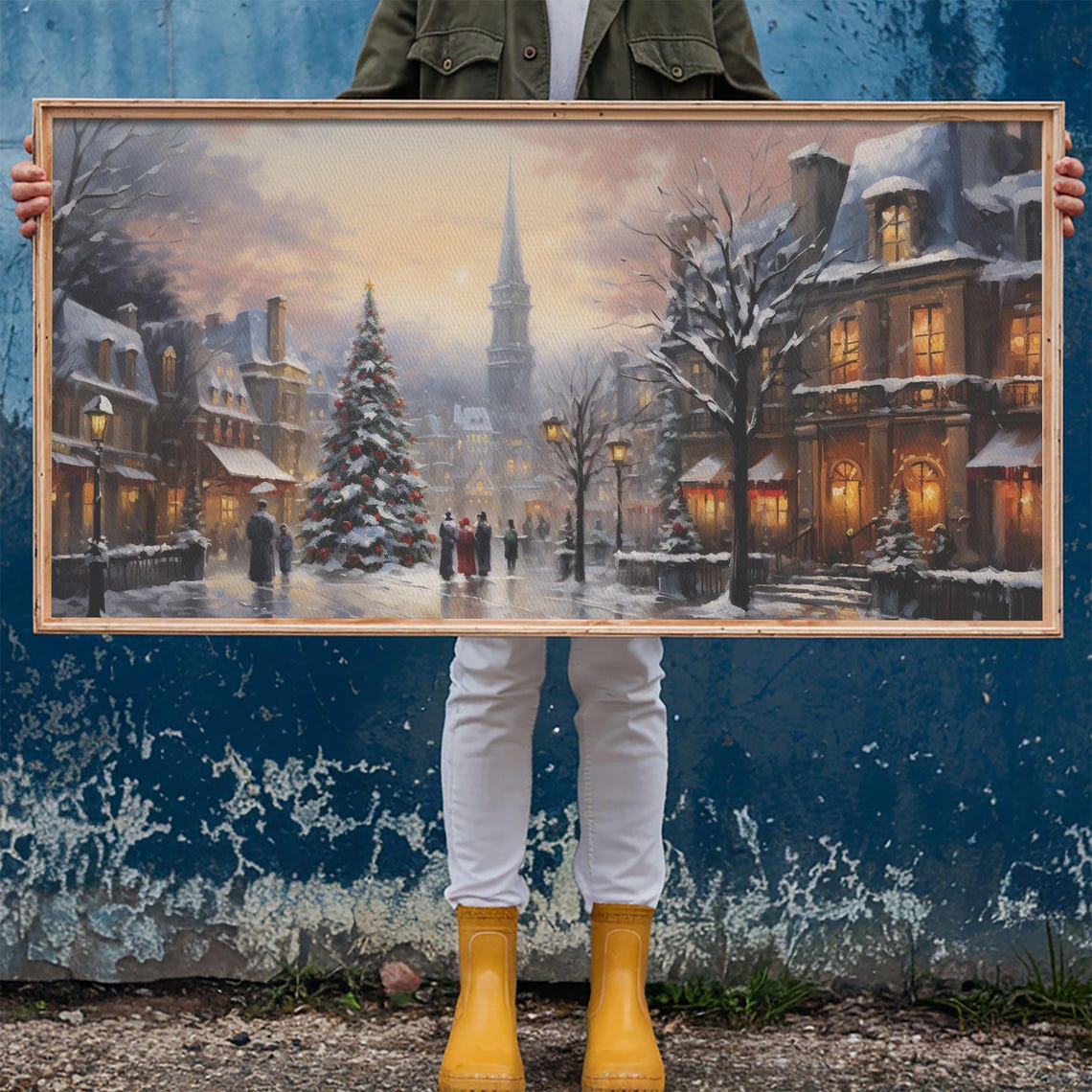 Old Town Christmas Street With Tall Tree And Church Spire Night Poster - Image 6