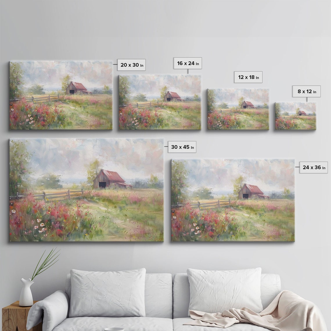 Watercolor Wildflower Meadow Red Barn Rustic Farmhouse Summer Poster - Image 2