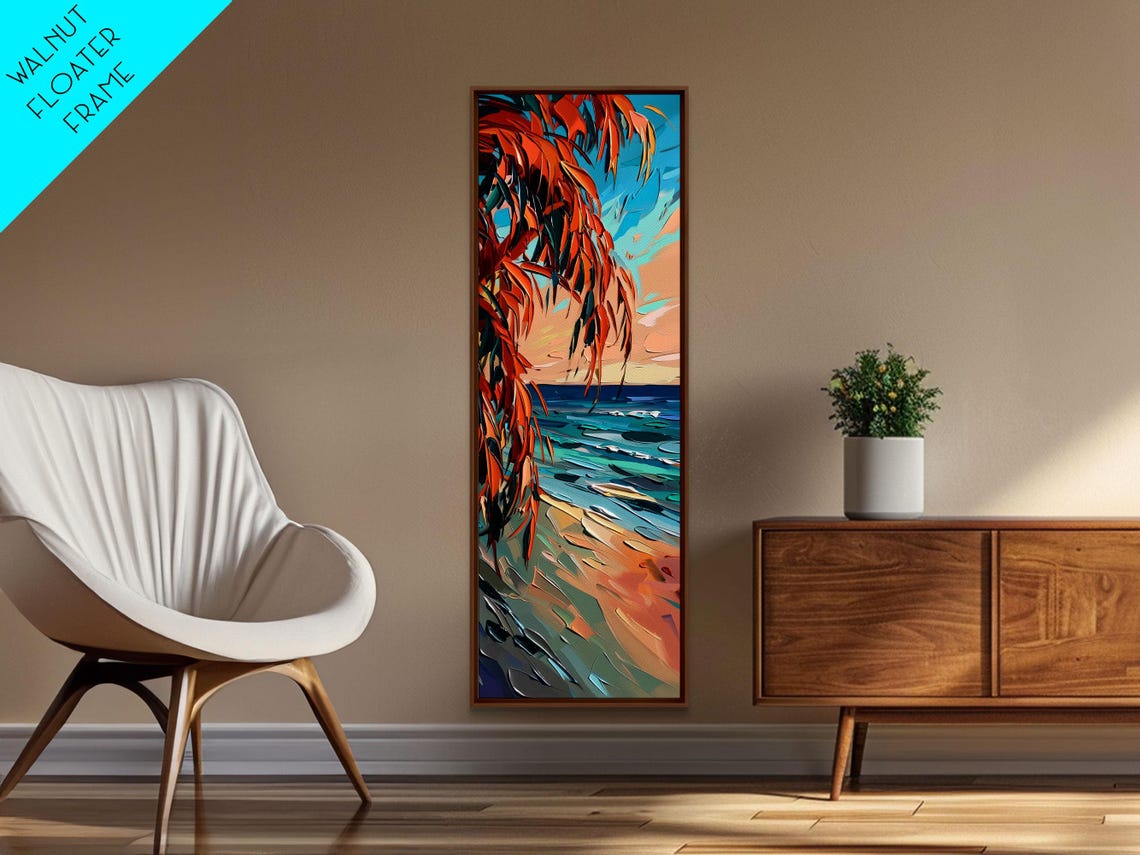 Coastal Palm Fronds Sunset Beach Turquoise Waves Painting Poster - Image 3