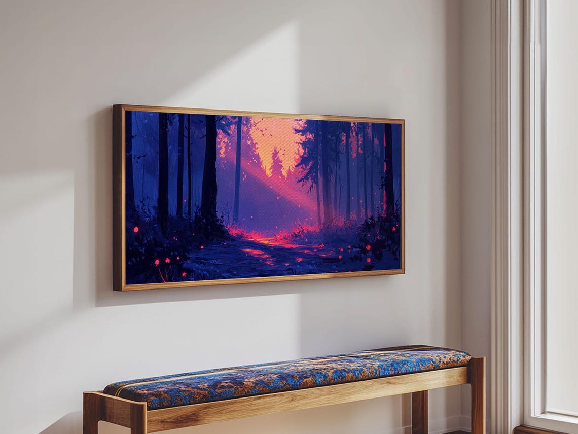 Forest Path Pink Dusk Light Purple Trees Retro Landscape Poster - Image 2