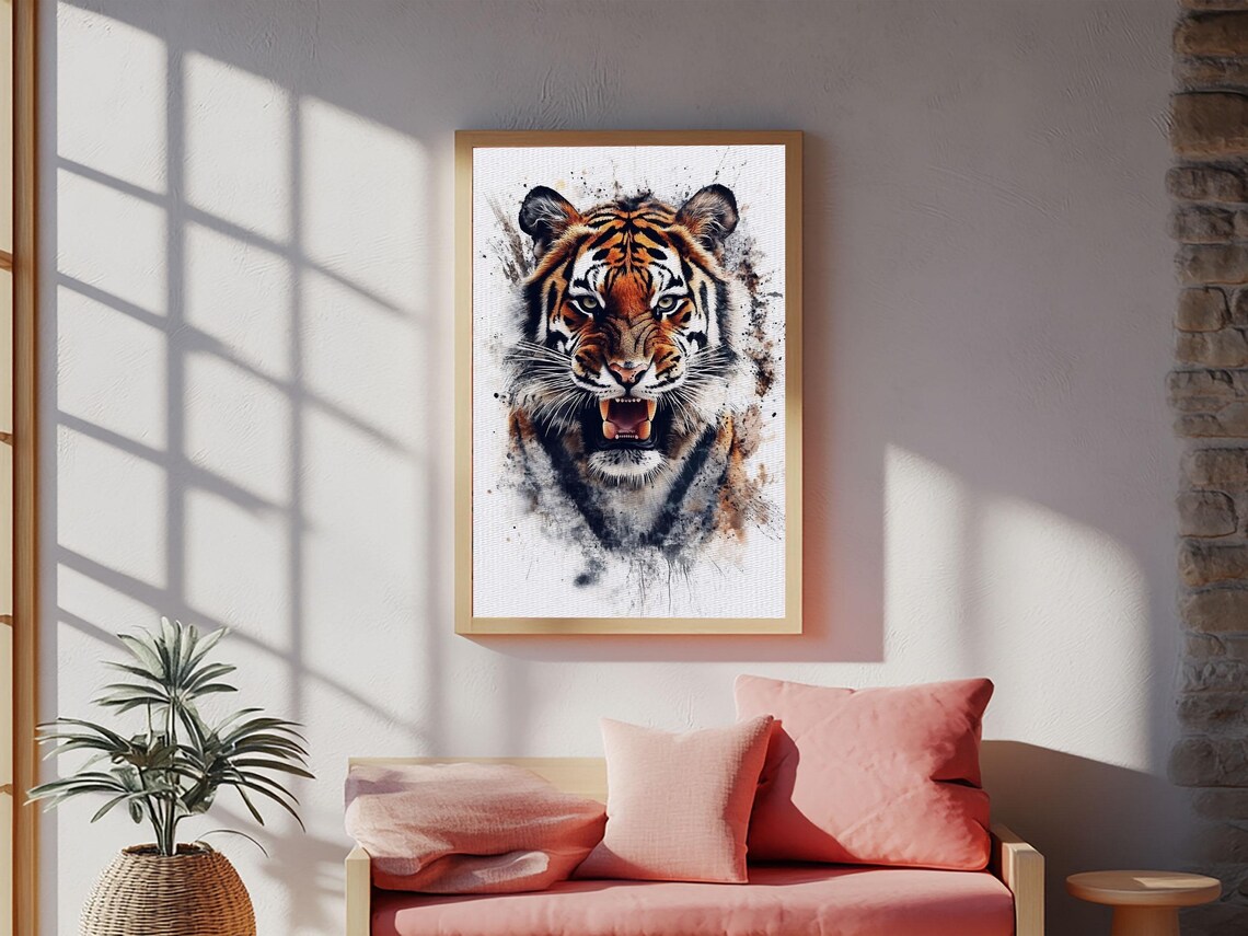 Tiger Portrait Snarling Wild Watercolor Splash Big Cat Jungle Art Poster - Image 5