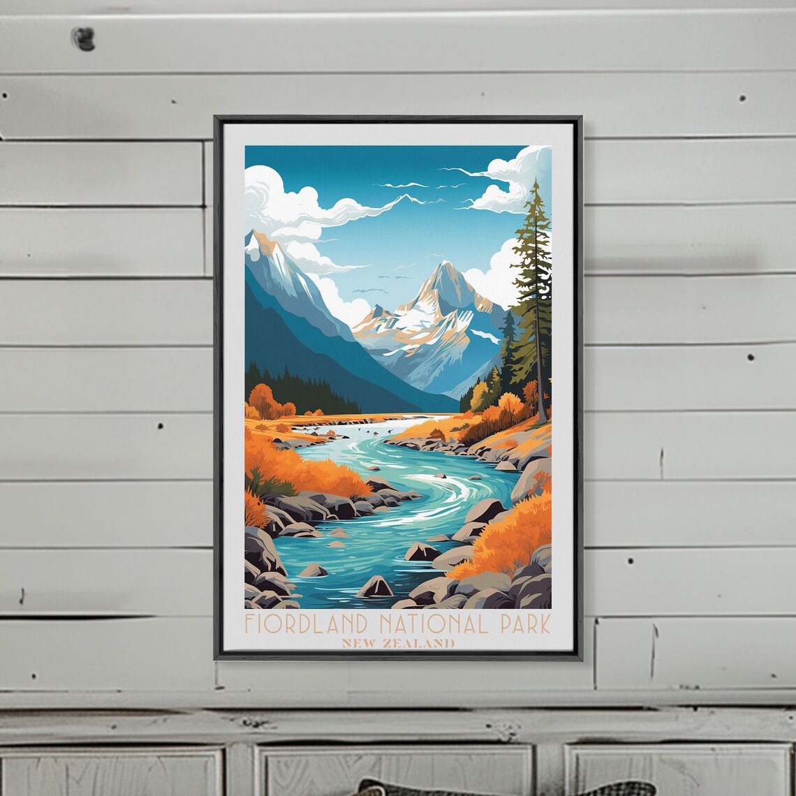 Fiordland New Zealand Alpine River Snow Peaks Autumn Foliage View Poster - Image 3