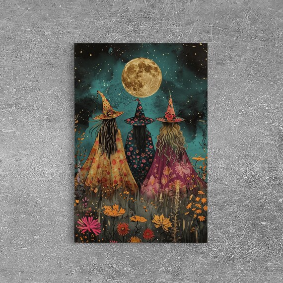 Cottagecore Witches In The Wildflowers Framed Print Cute Witchy Decor Witches Under A Full Moon In The Springtime