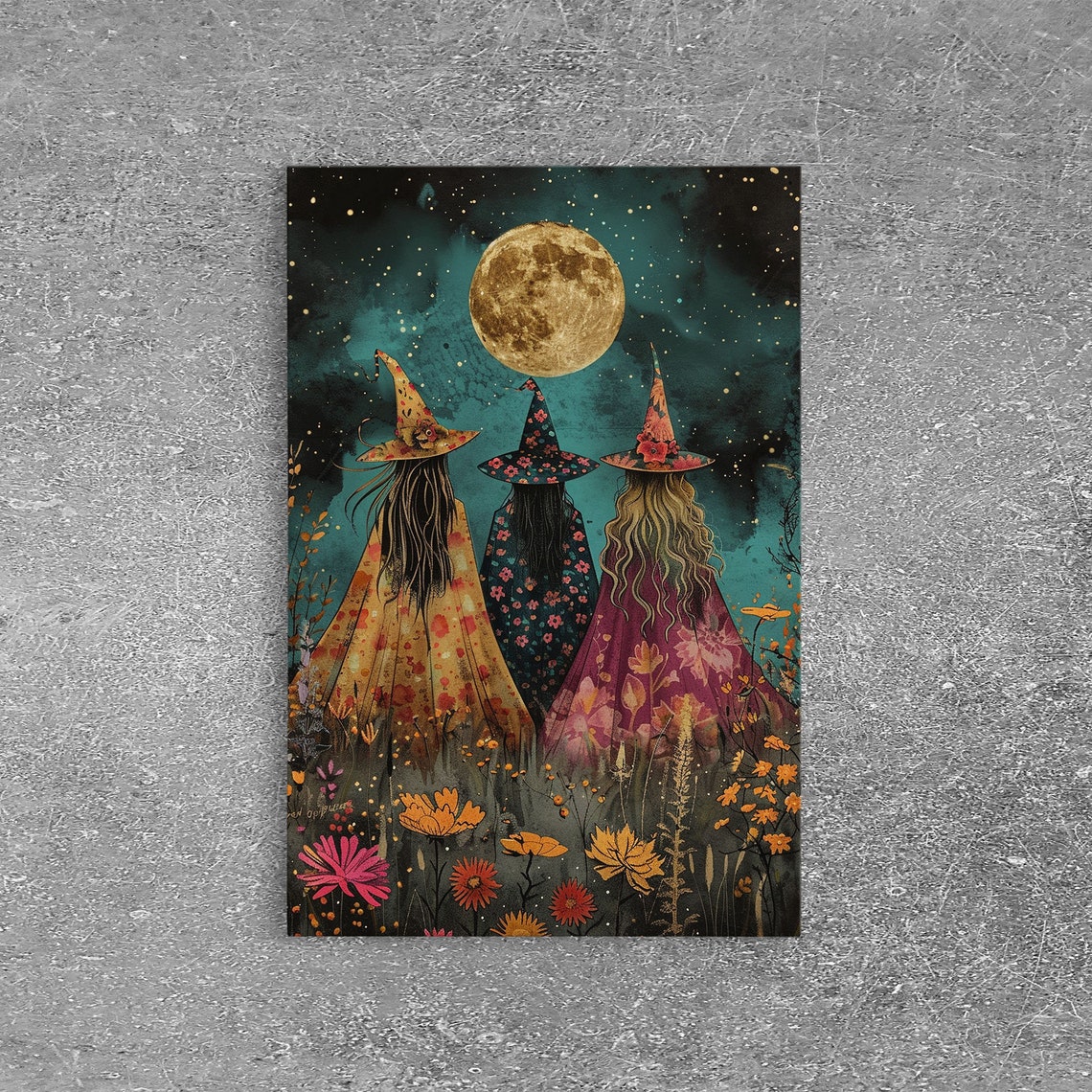 Witches Under Full Moon Floral Dresses Wildflowers Night Art Poster