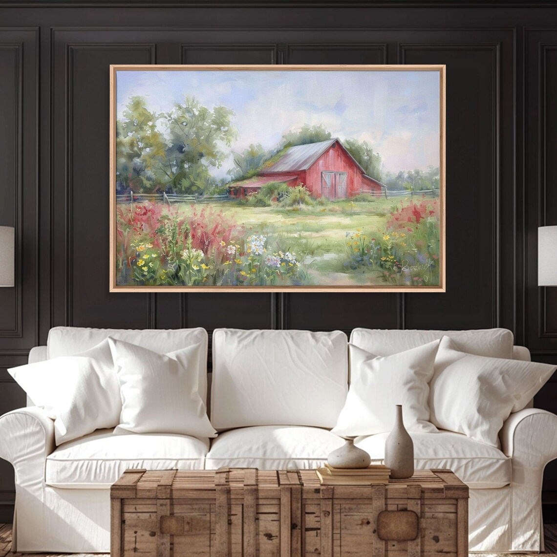 Red Barn Wildflower Meadow Watercolor Rustic Farmhouse Summer Poster - Image 2