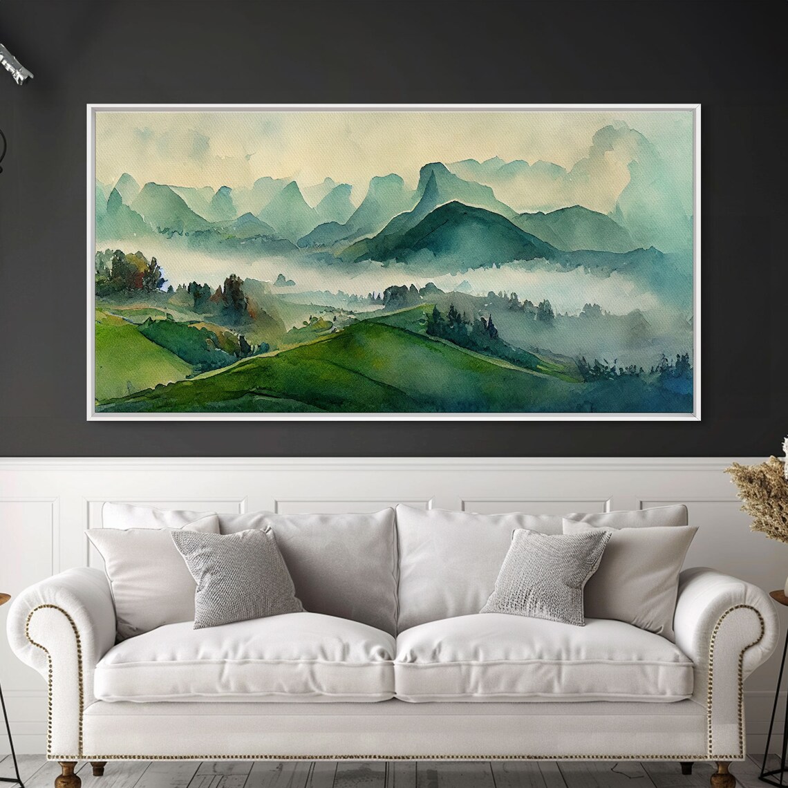 Foggy Mountain Valley Watercolor Panoramic Art Print - Image 3