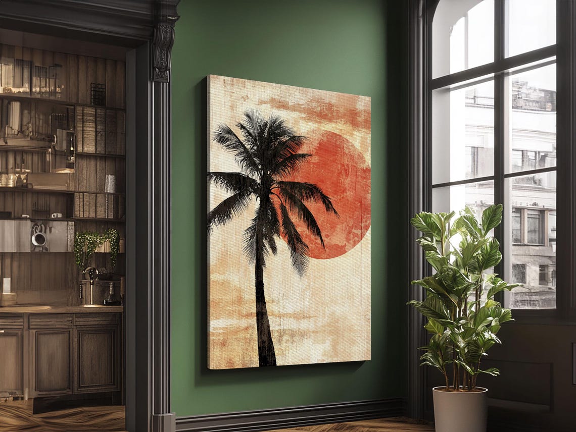 Black Palm Tree Silhouette Against Red Sun Vintage Beach Poster - Image 4