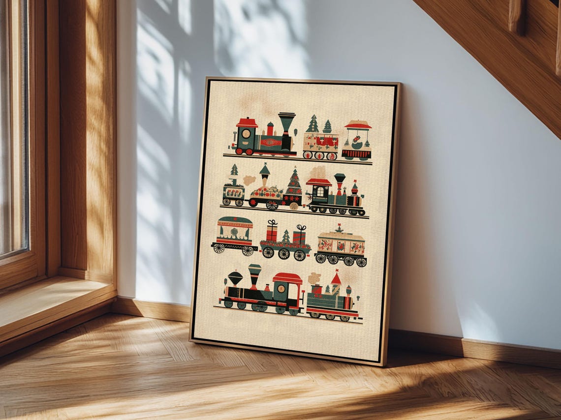 Retro Christmas Train Illustration Art Print Vintage Holiday Wall Decor - Image 2