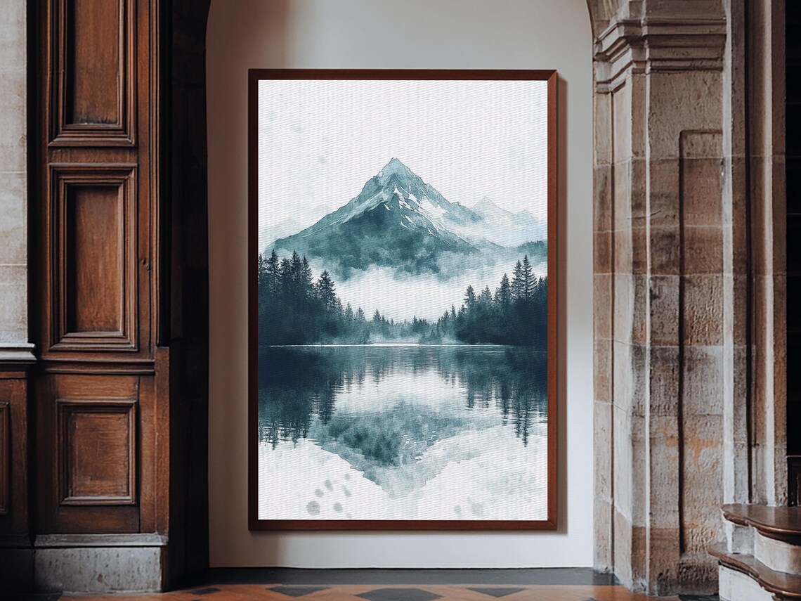 Fog In The Mountains Framed Print Pacific Northwest Cascade Mountains Emerald Green Landscape Painting Boho Decor - Image 2