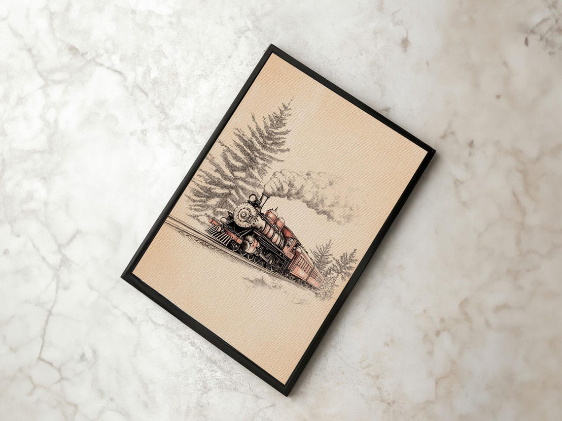 Vintage Steam Train Christmas Sketch Locomotive Pine Trees Art Poster