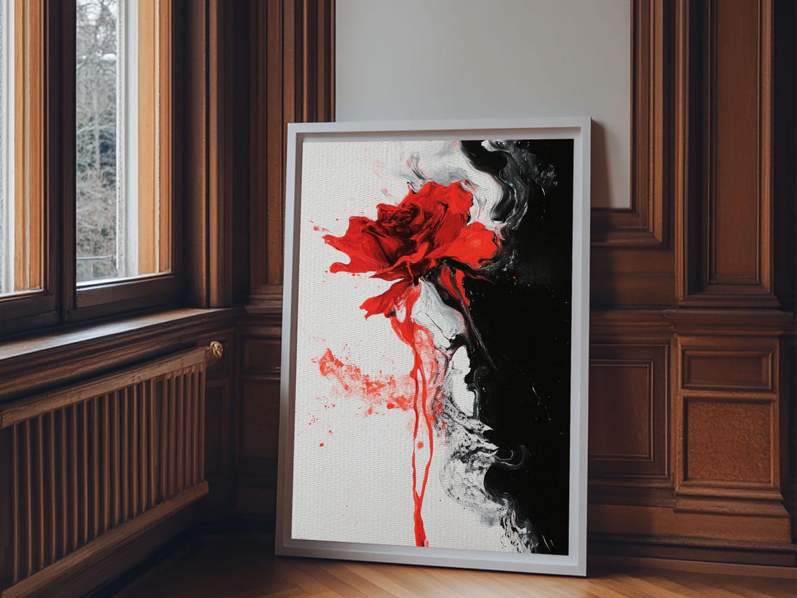 Dramatic Melting Red Rose Duality Abstract Black White Art Print - Image 4