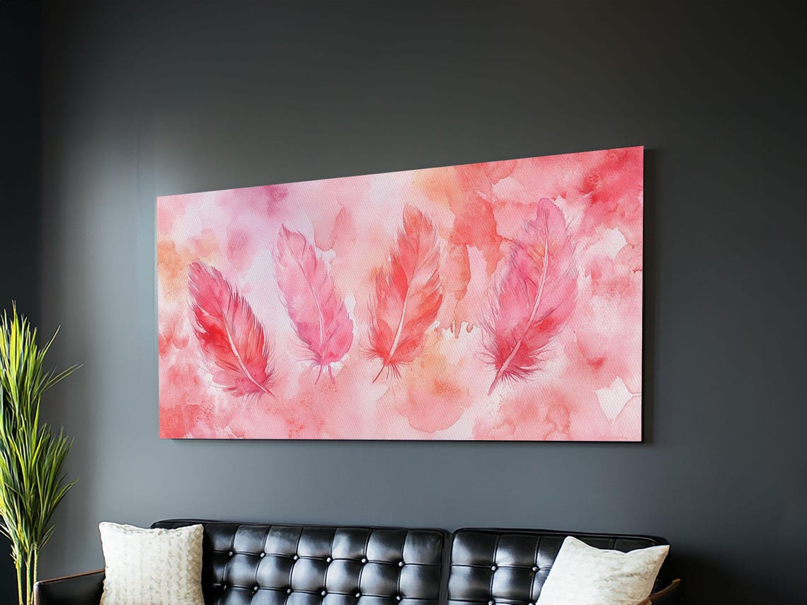 Pink Watercolor Feathers Wide Horizontal Blush Feather Art Print - Image 3