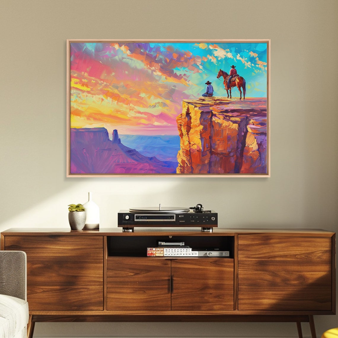 Two Cowboys Canyon Cliff Sunset Horses Colorful Western Poster - Image 4