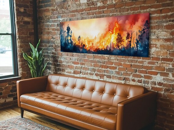Panoramic Watercolor Painting Print Of A Forest Fire Horizontal Wall Art Moody Decor Centerpiece Above Sofa Art Forest Landscape