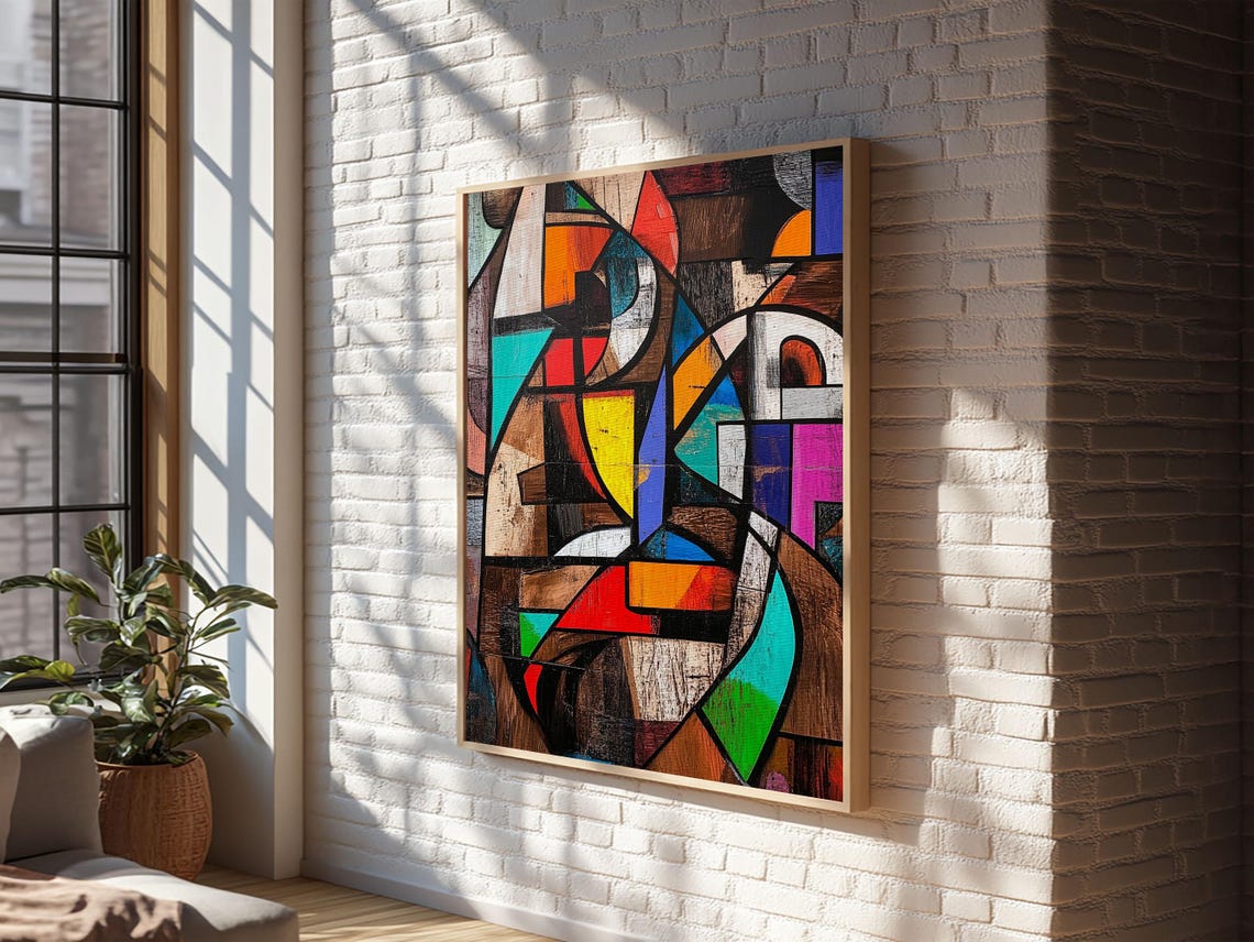 Geometric Framed Print With Stained Glass Effect Modern Wall Art Colorful Rustic Decor Gift Idea For Him Living Room Art - Image 2