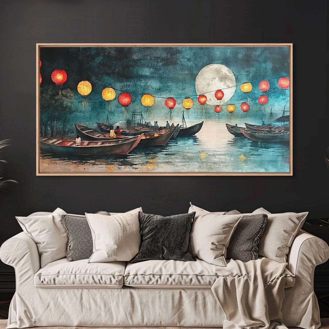 Full Moon Lantern Boats Glowing On Night River Scene Art Print - Image 2