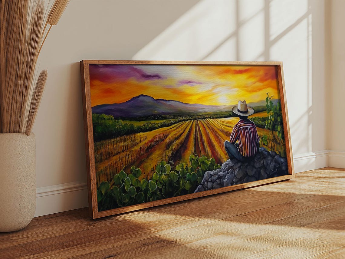 Mexican Rancher at Sunset Oil Painting Cowboy Hat Over Farm Fields Art - Image 2