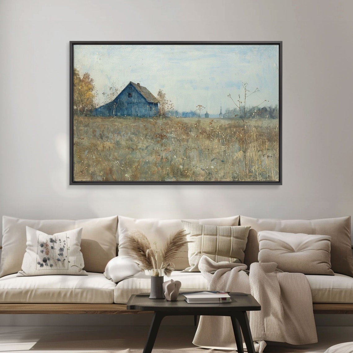 Old Blue Barn Folk Art Painting Field Tall Dry Grass Rustic Wall Art - Image 4