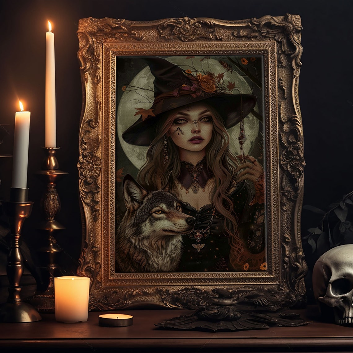 Spooky Witch And Wolf Under Full Moon Night Halloween Art Poster - Image 5