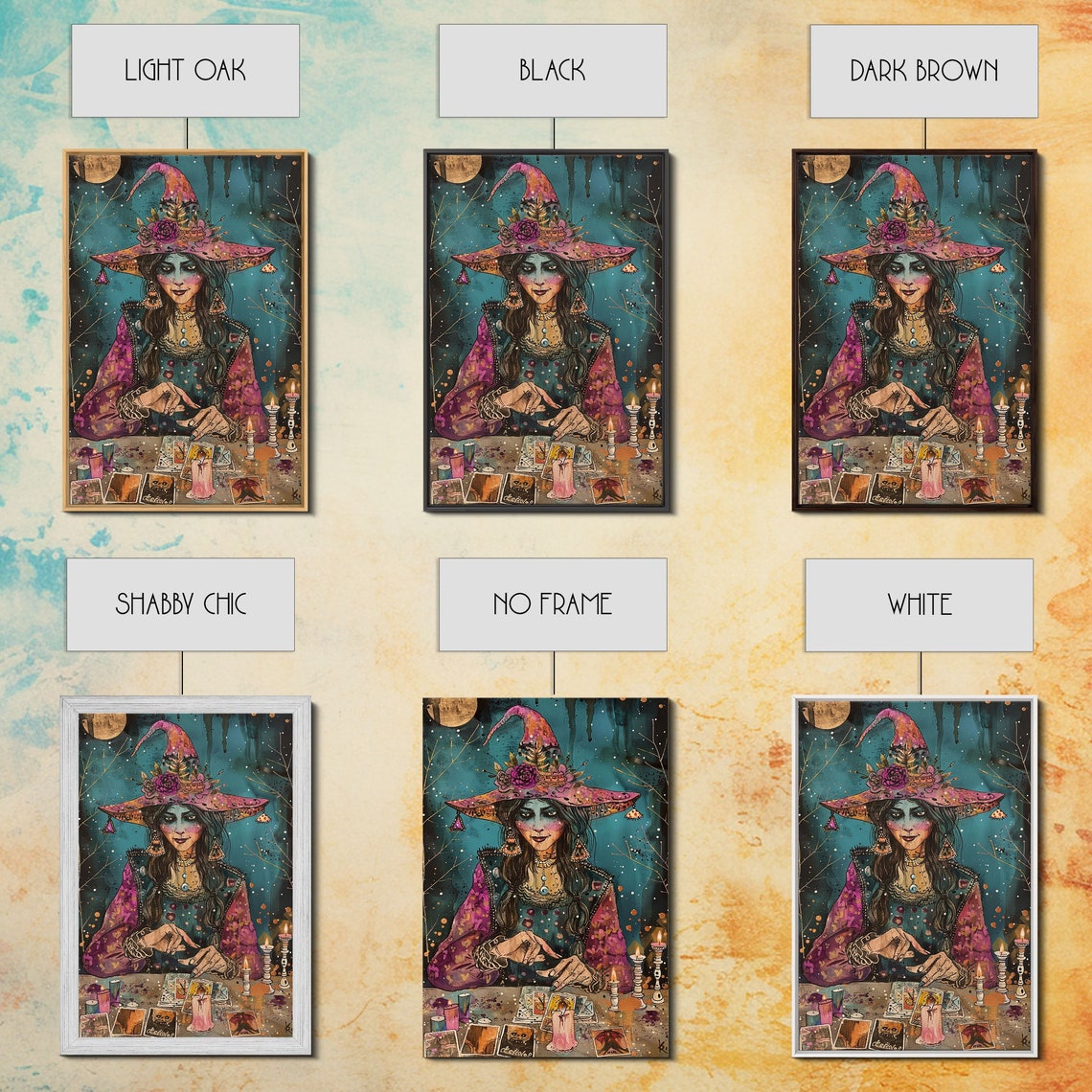 Witch Fortune Teller Tarot Cards Pink Hat Halloween Art Poster - Image 2