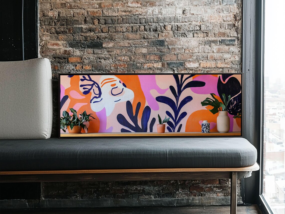 Playful Botanical Abstract Face Panoramic Pink Orange Modern Art Poster - Image 6