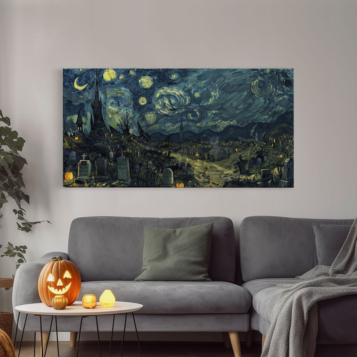 Starry Night Inspired Haunted Cemetery Framed Print Halloween Wall Decor Art Prints Creepy Art - Image 4