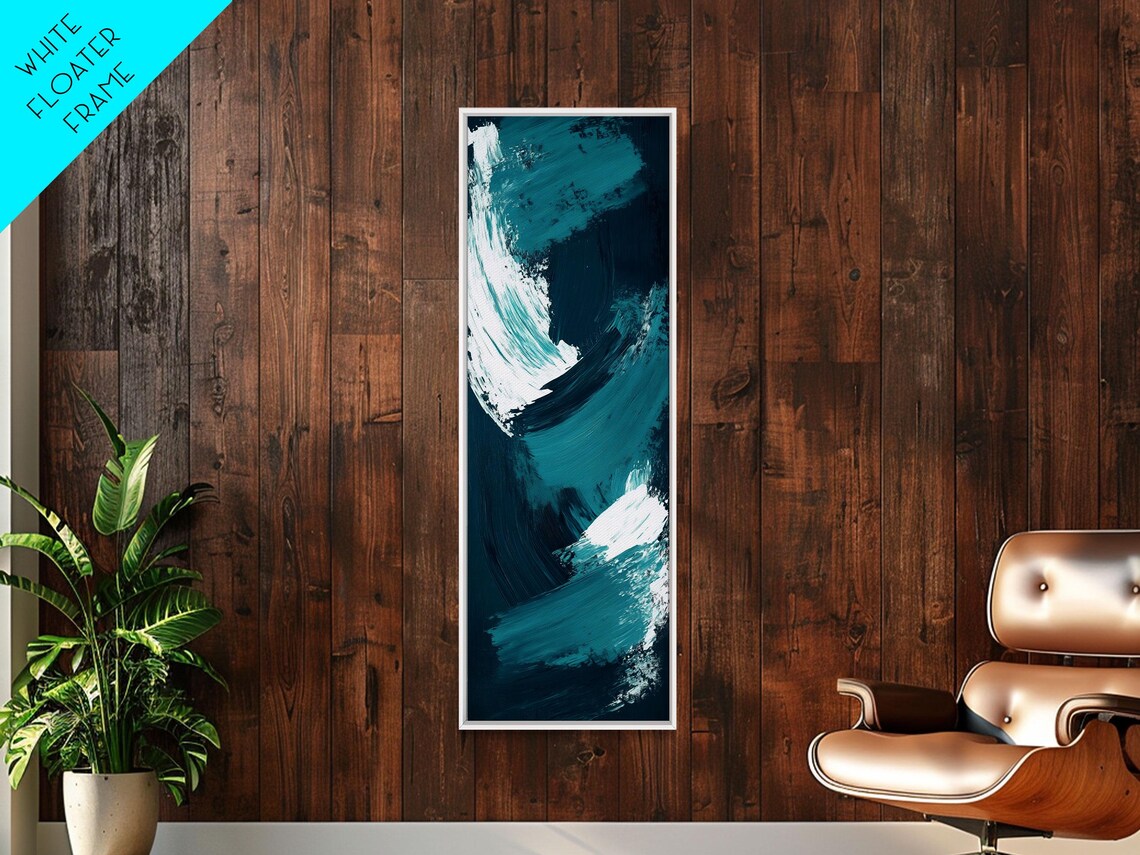 Teal Ocean Waves Tall Vertical White Brushstroke Abstract Coastal Poster - Image 2