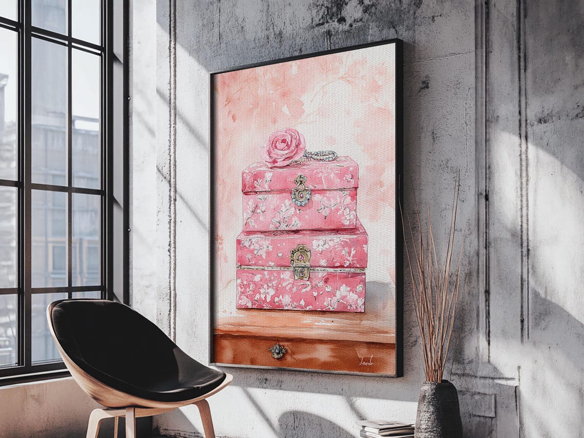 Pink Floral Jewelry Boxes Watercolor Vanity Bedroom Art Print - Image 4