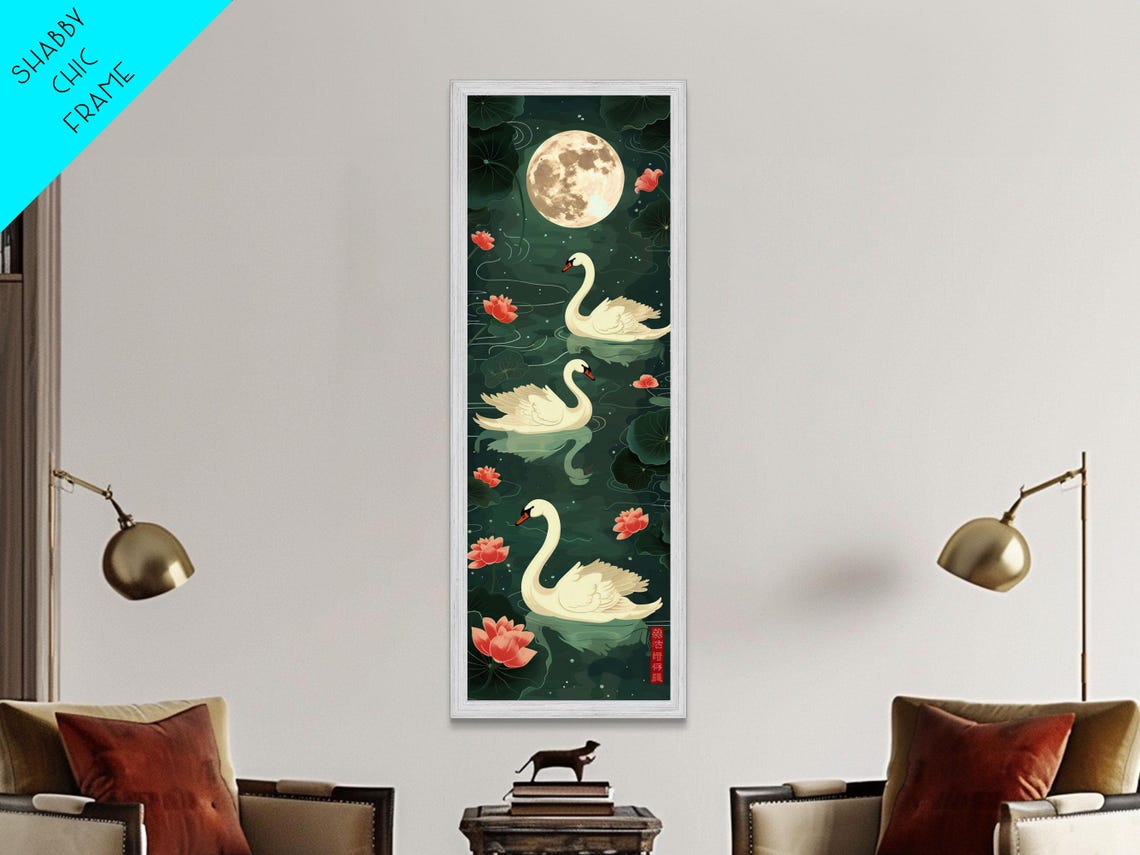 Three White Swans Full Moon Lotus Pond Night Japanese Poster - Image 2