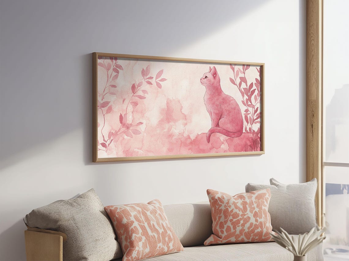 Blush Pink Cat Watercolor With Botanical Leaves Minimalist Wall Poster - Image 5