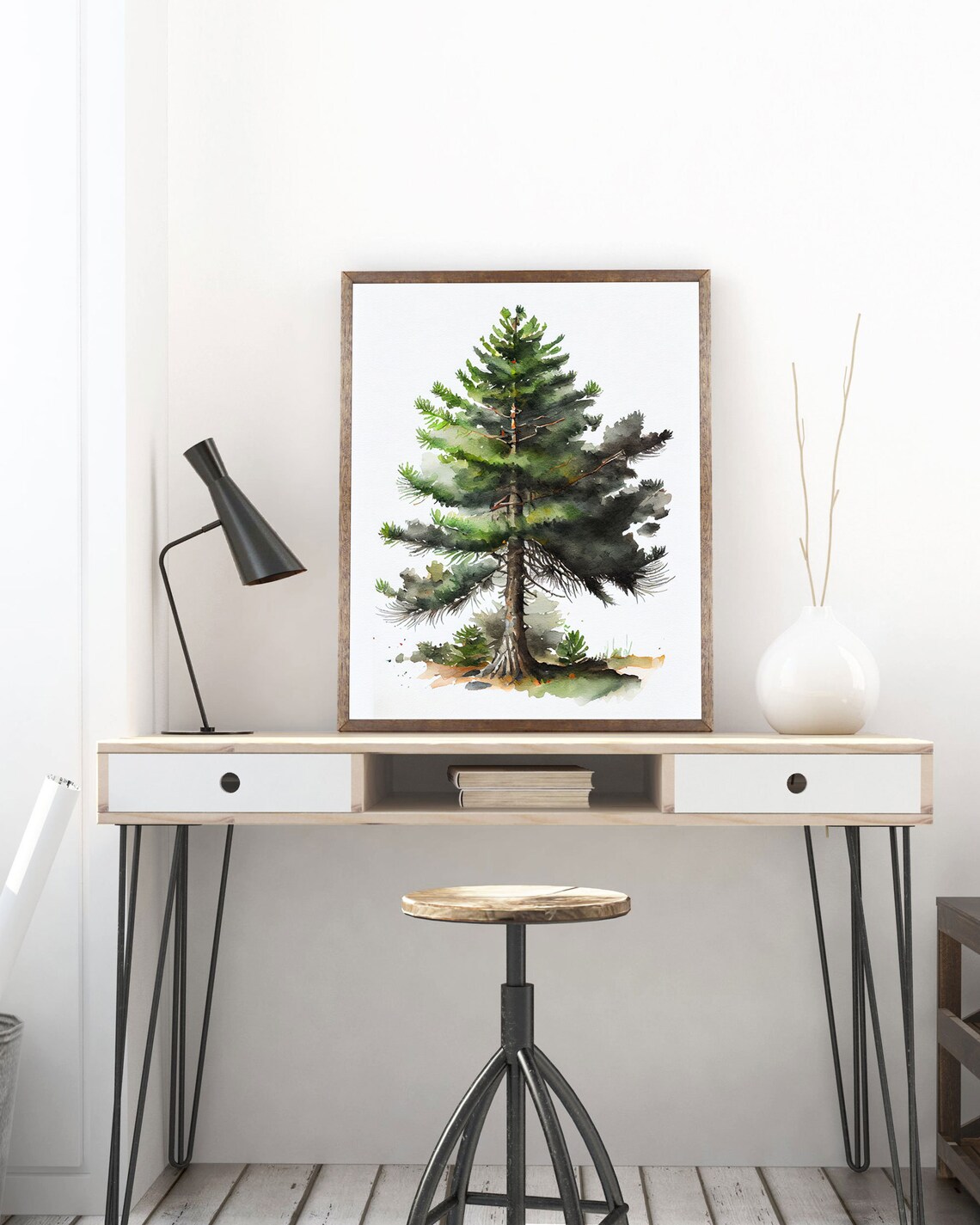 Pine Trees Watercolor Art Print, Mountain Landscape