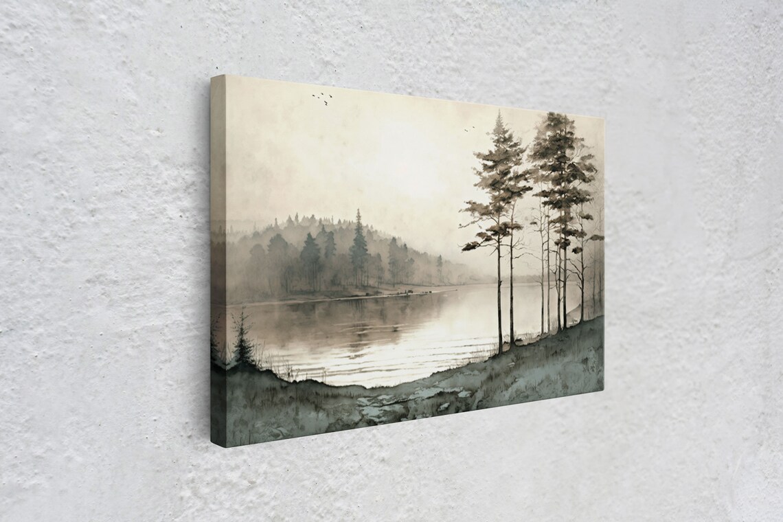 Pine Tree Vintage Landscape, Oil Painting Art Print - Image 3