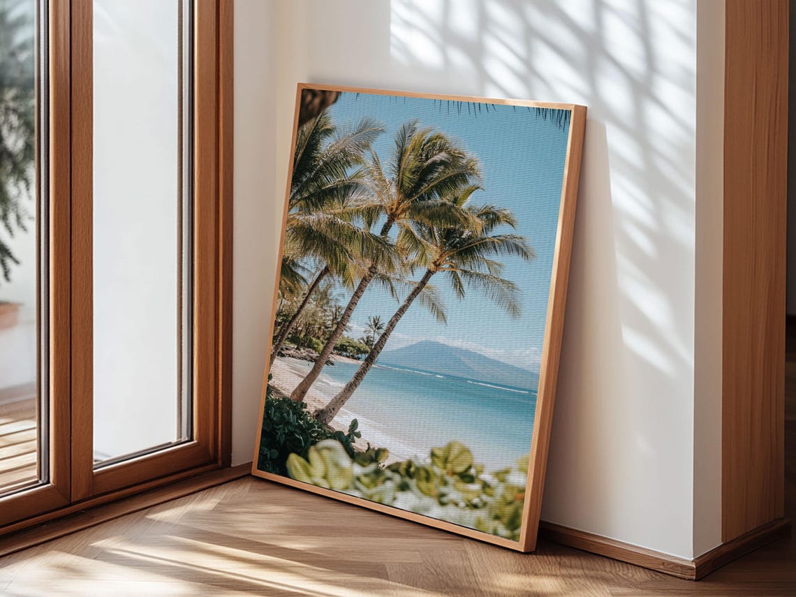 Tropical Palm Beach Turquoise Ocean Hawaii Watercolor Travel Poster