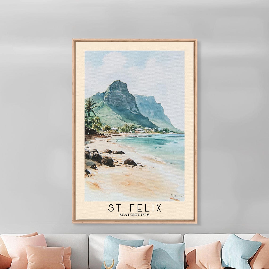 St Felix Mauritius Sandy Bay Rocky Shore Mountain View Travel Poster - Image 2